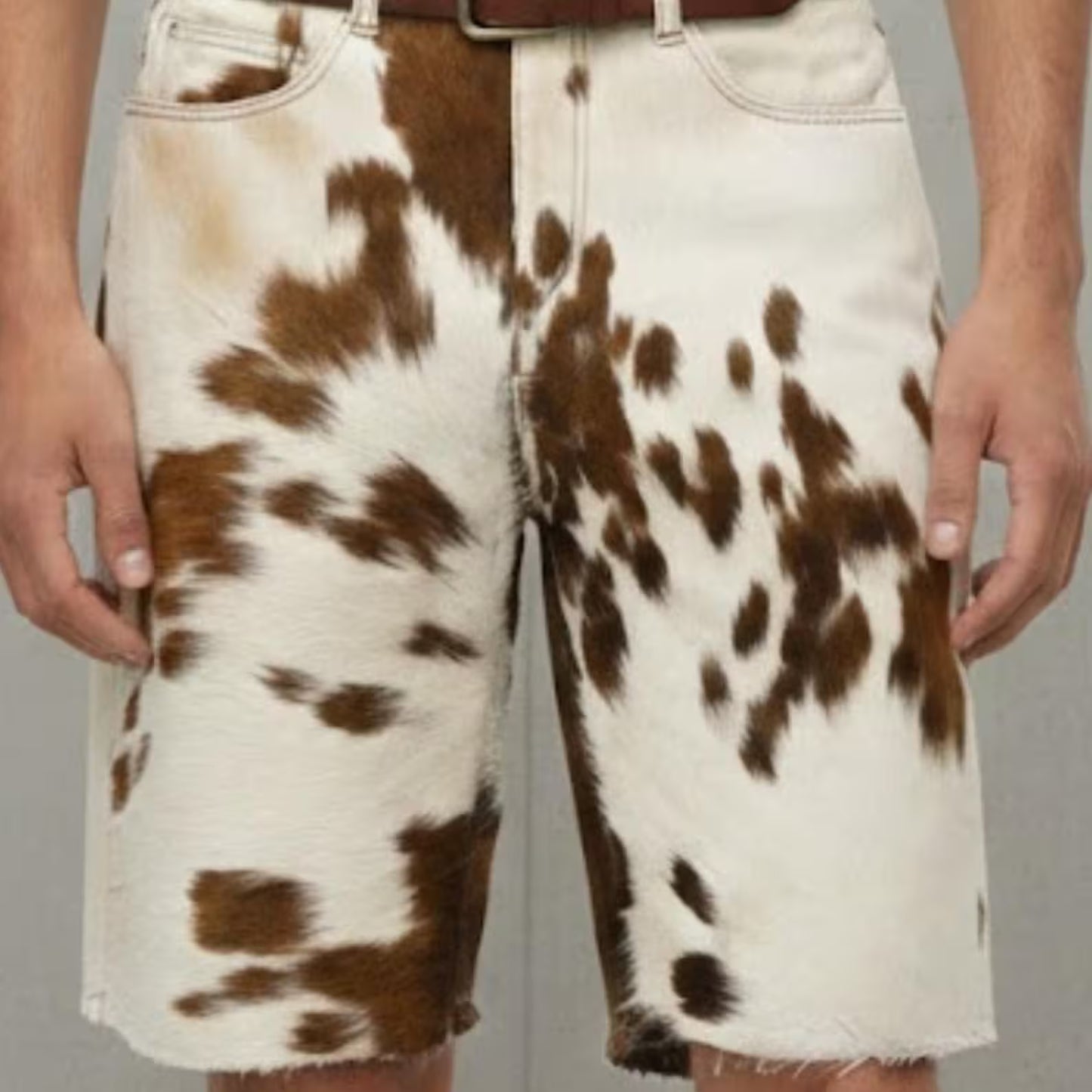 Genuine Hair-on Cowhide Shorts for Men | Brown and White Animal Print Western Cowboy Shorts