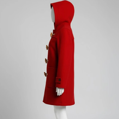 Handmade Red Wool Duffle Coat – Classic Winter Toggle Jacket for Women