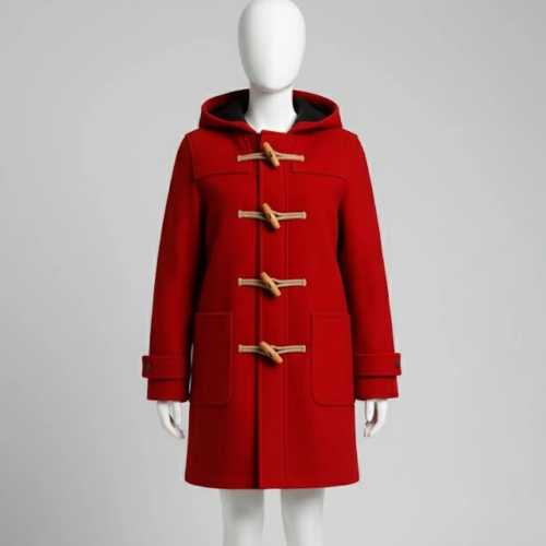 Handmade Red Wool Duffle Coat – Classic Winter Toggle Jacket for Women