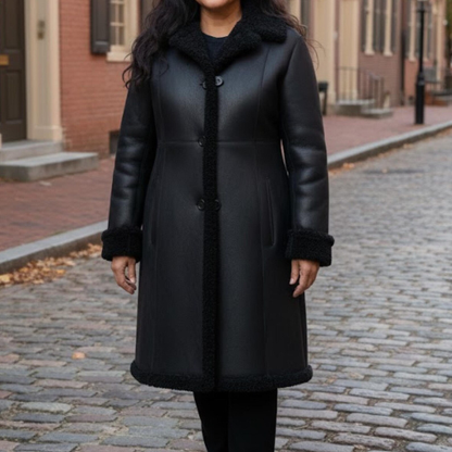 Handmade Black Shearling Coat Women – Long Leather Jacket Winter Outerwear