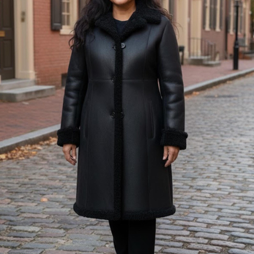 Handmade Black Shearling Coat Women – Long Leather Jacket Winter Outerwear