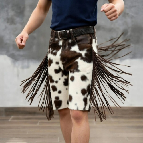 Custom Fringe Cowhide Shorts Mens Western Rodeo Wear Real Hair On Leather Spotted Tassels