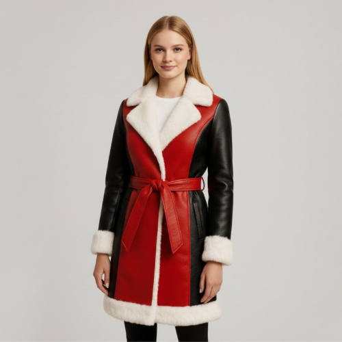 Custom Red Black Shearling Coat – Warm Faux Fur Winter Jacket for Women