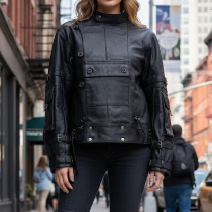 Handmade Black Leather Cyberpunk Jacket – Tactical Tech wear Biker Style