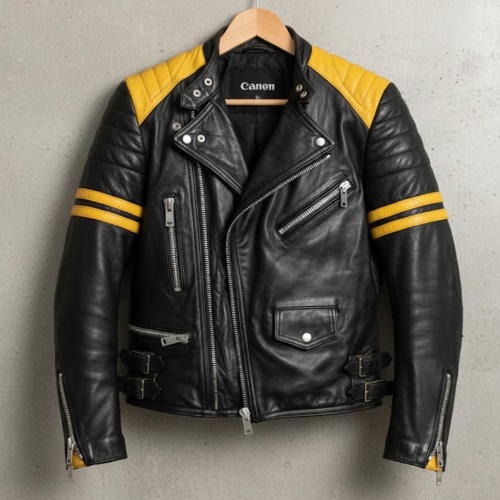 Handmade Black Yellow Leather Biker Jacket – Mens Motorcycle Cafe Racer Coat