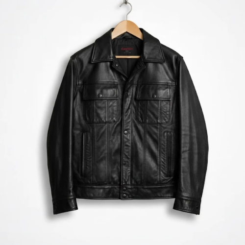 Handmade Black Leather Trucker Jacket – Men’s Vintage Style Coat