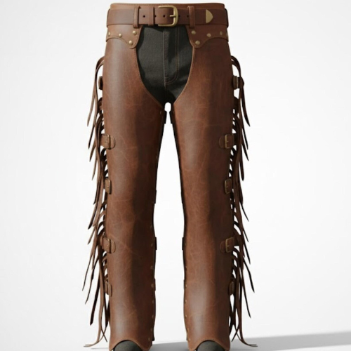 Handmade Brown Leather Cowboy Chaps – Mens Western Fringed Rodeo Gear.
