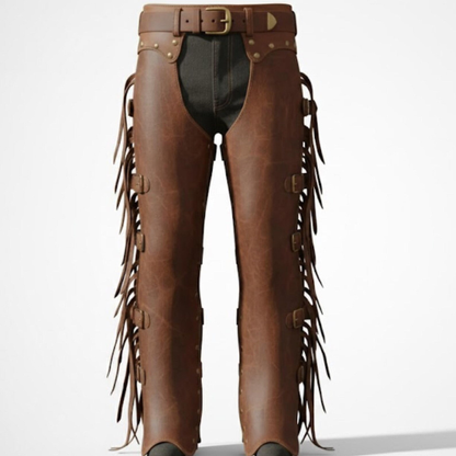Handmade Brown Leather Cowboy Chaps – Mens Western Fringed Rodeo Gear.