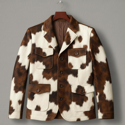 Western Cow Print Leather Jacket, Handmade Cowhide Coat, Hair on Hide Brown Jacket
