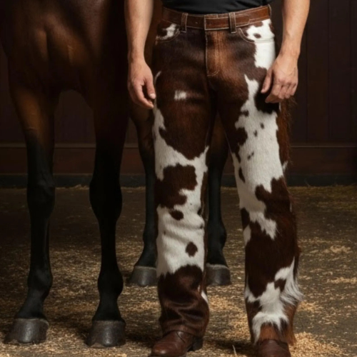 Handmade Brown White Cowhide Pants – Mens Western Pants, Cowboy Rodeo Trousers