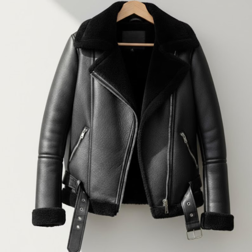 Handmade Black Shearling Jacket – Womens Warm Aviator Biker Coat, Winter Streetwear, Thick Fur-Lined Motorcycle