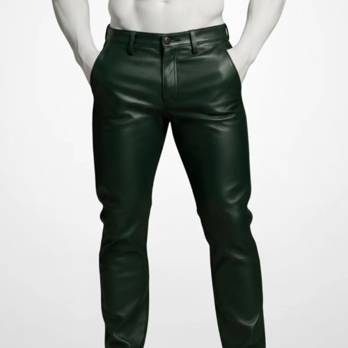 Handmade Green Biker Leather Pants for Men, Custom Edgy Streetwear Trousers Gift.