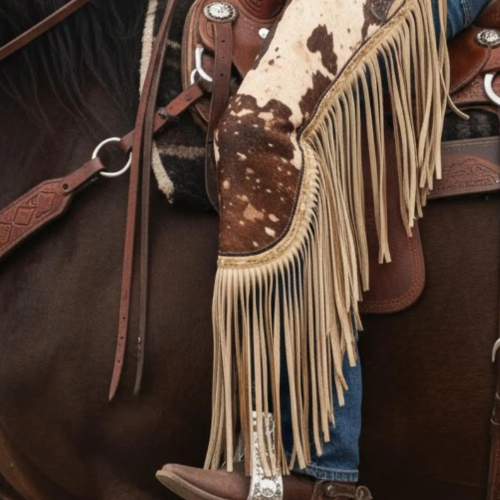 Handmade Brown Hair On Hide Cowhide Chaps with Western Fringe for Rodeo Wear