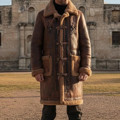 Handmade Brown Sheepskin Duffle Coat – Rugged Mens Winter Sheepskin Jacket