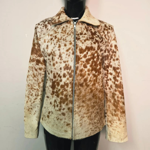 Handmade Brown White Speckled Cowhide Jacket, A Unique Western Hair on Hide Coat