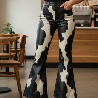 Handmade Cow Print Faux Leather Pants - Western Flare Pants for Festivals
