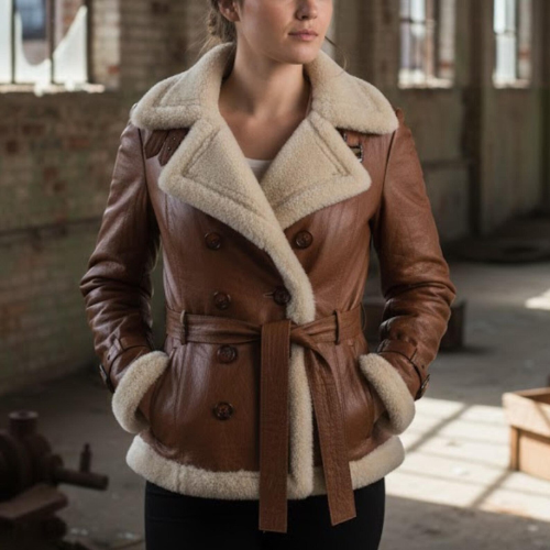 Handmade Brown Leather – Women's Shearling Aviator Jacket Winter