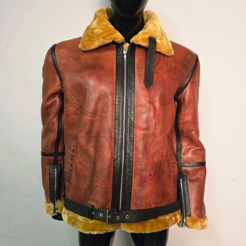 Handmade Men's Brown B3 Bomber Shearling Jacket, a Vintage Style Aviator Leather Coat