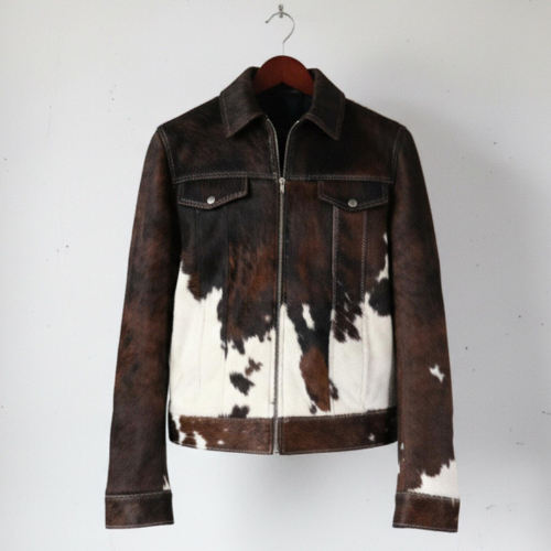 Hair-On Cowhide Leather Jacket – Western Style Rustic Biker Coat for Men