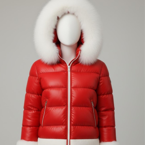 Handmade Red Leather Puffer Jacket – Warm Women's Winter Coat with Fur Hood