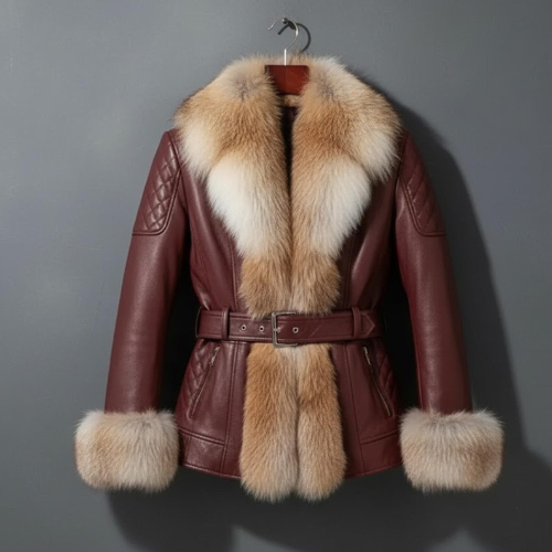 Handmade Burgundy Leather Fox Fur Jacket – Women's Winter Moto Coat, Real Fur Outerwear.