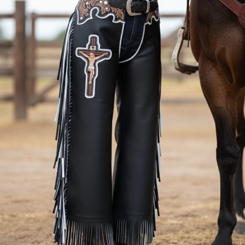 Custom Leather Bull Riding Chaps with Cross, Handmade Western Rodeo Cowboy Gear