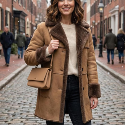 Handmade Brown Shearling Leather Coat for Women Fur Lined Winter Jacket for new year