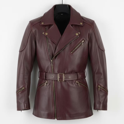 Handmade Maroon Real Leather Biker Jacket – Mens Motorcycle Coat