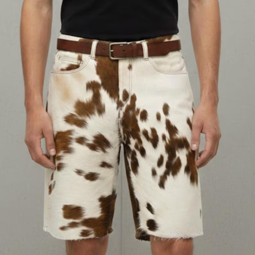 Genuine Hair-on Cowhide Shorts for Men | Brown and White Animal Print Western Cowboy Shorts