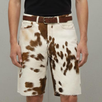 Genuine Hair-on Cowhide Shorts for Men | Brown and White Animal Print Western Cowboy Shorts