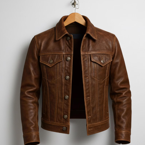 Vintage Style Brown Leather Jacket: Button Front, Gift for Him