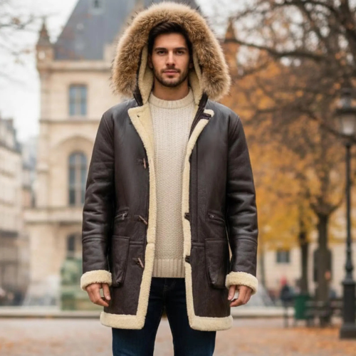 Vintage Men's Brown Sheepskin Shearling Leather Duffle Coat, a Timeless Classic Winter Jacket