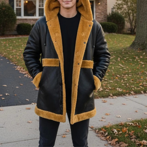Men's Black Leather Shearling Coat with Tan Wool Lining – Hooded Winter Jacket