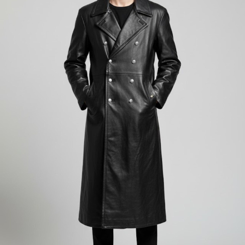 Handmade Black Leather Trench Coat – Double Breasted Military Style Long Jacket