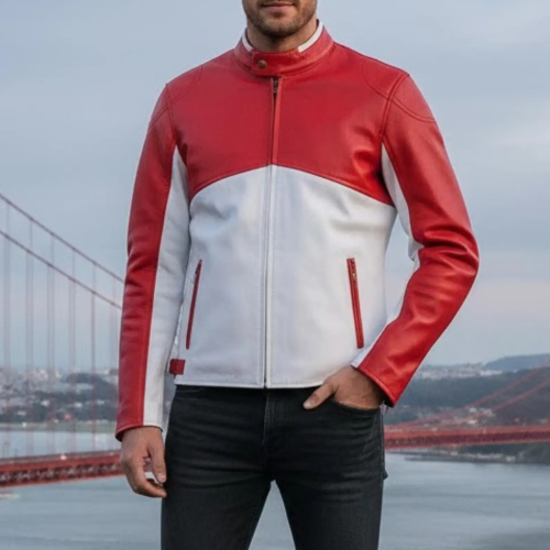 Handmade Red White Leather Biker Jacket – Men's Cafe Racer Style Gear