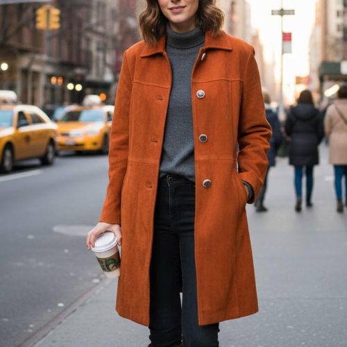 Women’s Rust Suede Long Coat –Elegant Minimalist Winter Jacket, Button Front Casual Street Style