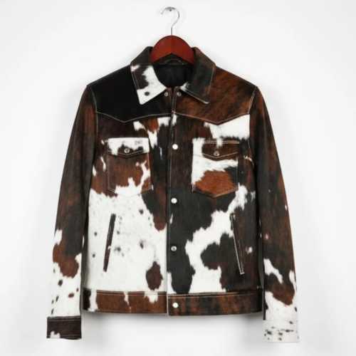 Western Biker Cowhide Leather Jacket, Brown Hair on Hide Coat, Handmade Cow Print
