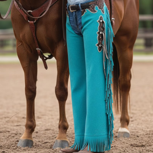 Turquoise Suede Fringe Chaps, Custom Western Wear for the Modern Rodeo Queen Cowgirl.