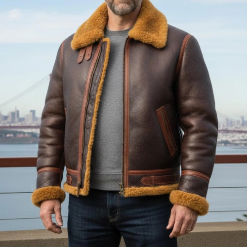 Handmade Brown Sheepskin B3 Bomber Jacket – Winter Aviator Flight Coat