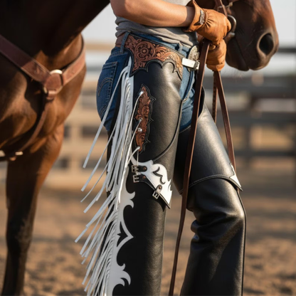 Custom Western Leather Chaps with White Fringe, Handmade Rodeo Gear for Men.