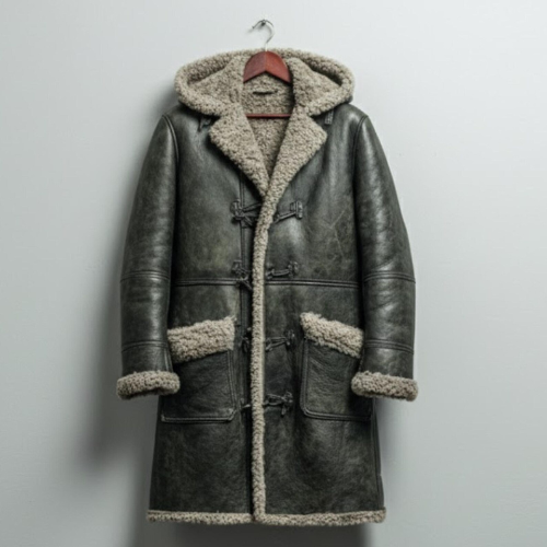 Handmade Grey Sheepskin Coat – Men's Shearling Duffle Overcoat for Winter