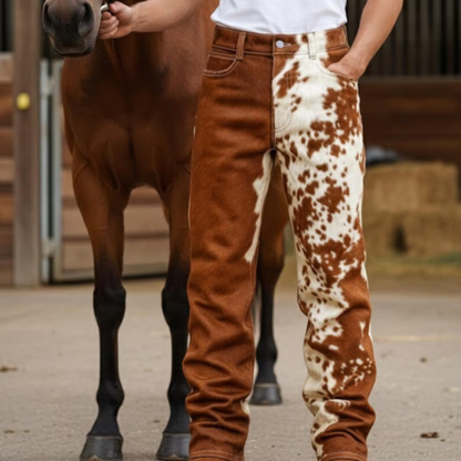 Handmade Brown Cowhide Pants – Men's Western Pants, Rodeo Patchwork Jeans.
