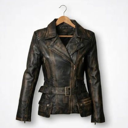 Handmade Black Distressed Leather Jacket – Women's Biker Style Coat