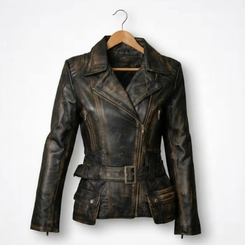 Handmade Black Distressed Leather Jacket – Women's Biker Style Coat