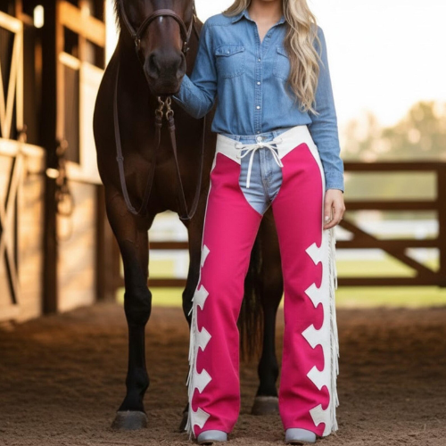 Handmade Pink Suede Fringe Chaps – Western Cowgirl Chaps for Rodeo & Festival