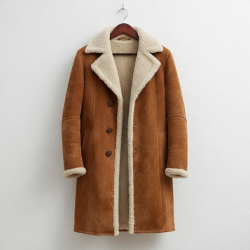 Handmade Brown Suede Shearling Coat – Vintage Winter Aviator Jacket
