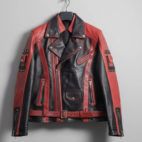 Handmade Red Black Leather Jacket – Stylish Biker Outerwear for Men