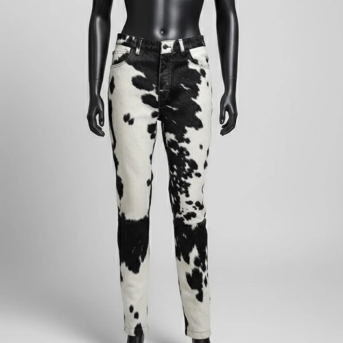 Handmade Black and White Denim Cow Print Jeans – Western Cowboy Pants for Women