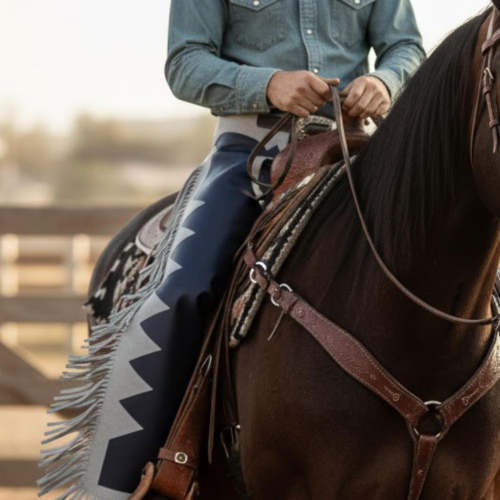 Handmade Navy Blue Leather and Grey Suede Western Chaps with a long flowing fringe.