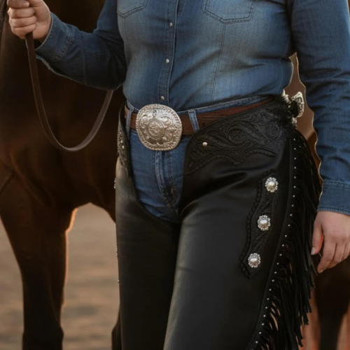 Handmade Black Leather Western Chaps with Fringe, Silver Conchos for Rodeo Cowboy Biker Gear.